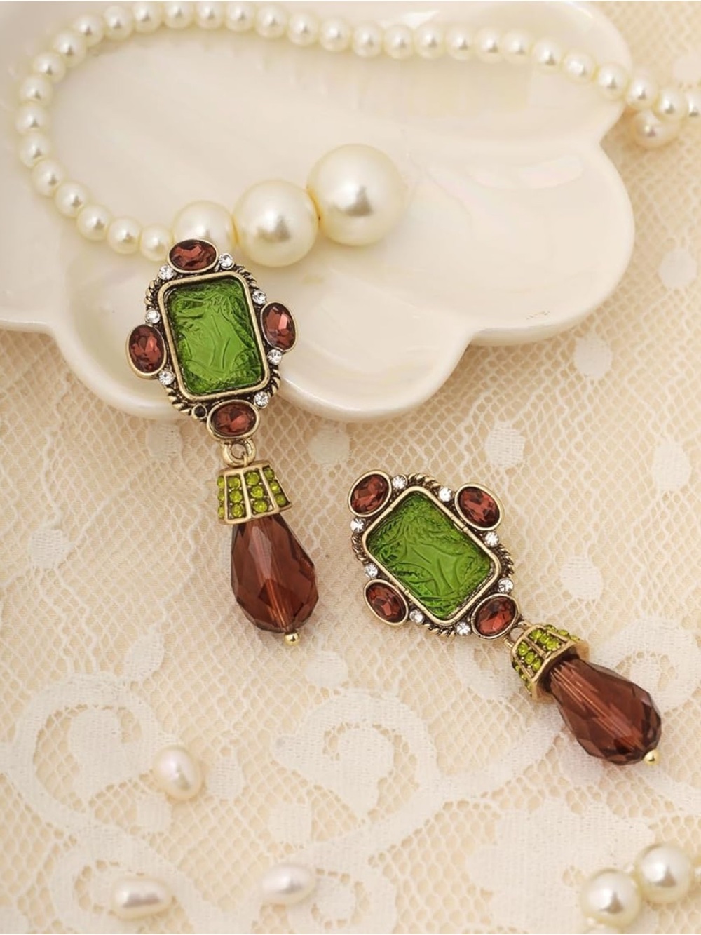 Anthropologie Green and Brown Glass Drop Earrings